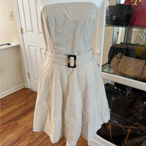 Strapless Belted Linen Dress in Natural Cream